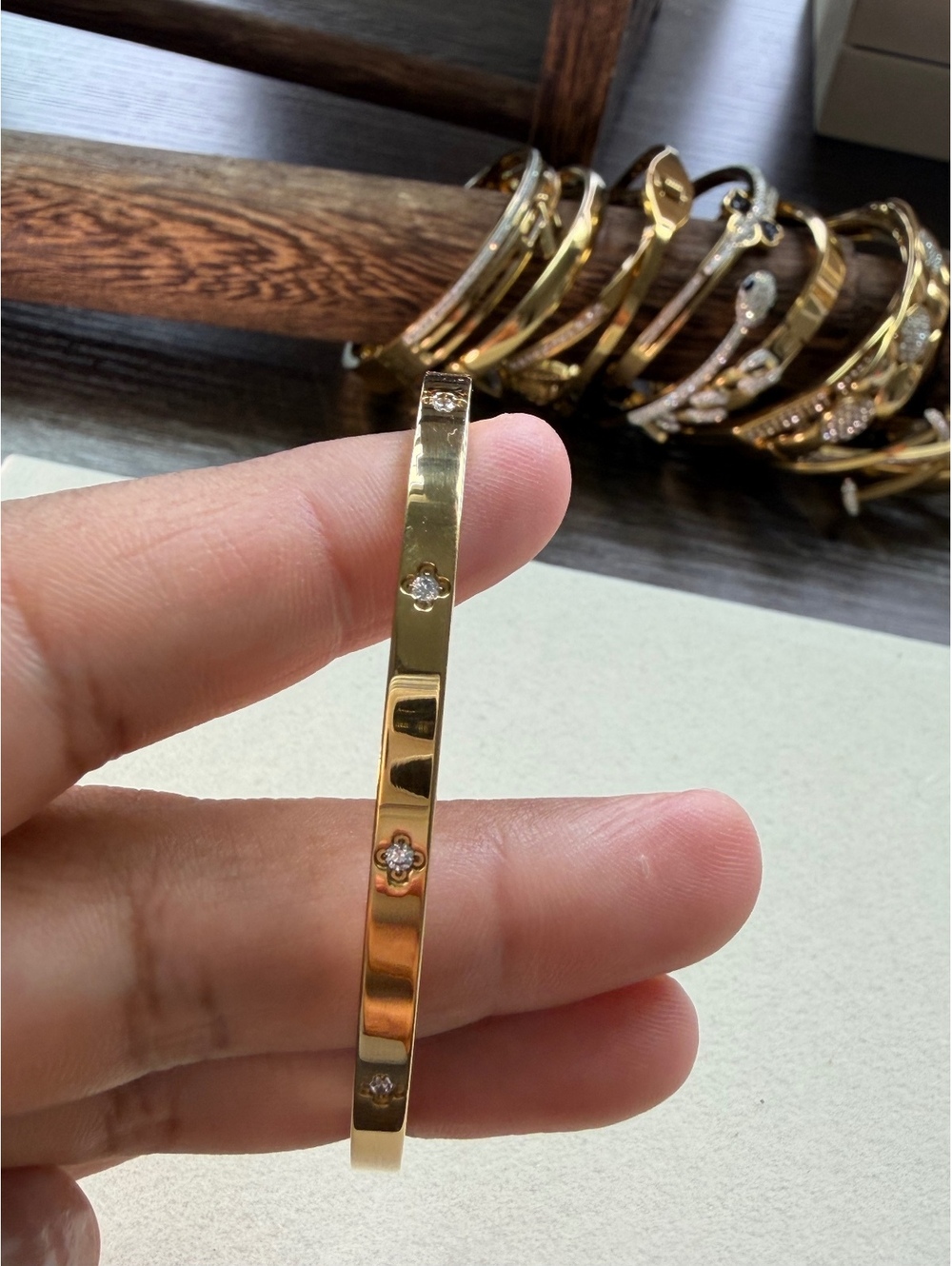 Non-Tarnish 18K Gold Plated Crystal Flower Bangle - Picture 2 of 3